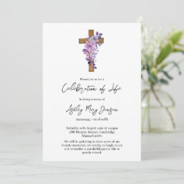 Invitación Purple flower cross Celebration of Life Funeral