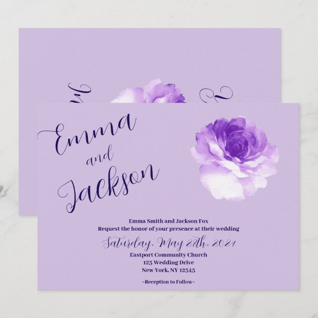 Invitación Purple Flower Script Wedding Invitation (Anverso / Reverso)