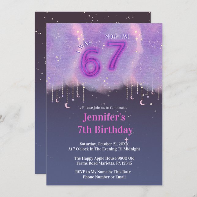Invitación Purple Galaxy “I Was 6 Now I’m 7” Girl Birthday (Anverso / Reverso)