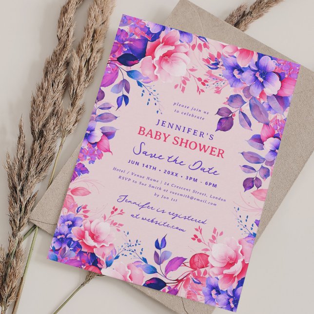 Invitación Purple Garden Floral Baby Shower Save Date Rubor (Purple Garden Floral Baby Shower Save Date Blush Invitation)