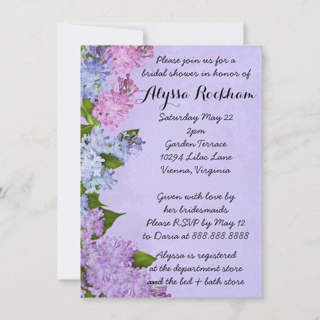 Invitación Purple Garden Lilac Flores Bridal Shower (Anverso)