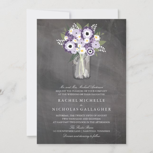 Invitación Purple Garden Mason Jar Chalkboard | BODA (Anverso)