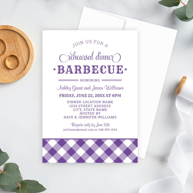 Invitación Purple Gingham Boda ensaye cena barbacoa (Subido por el creador)