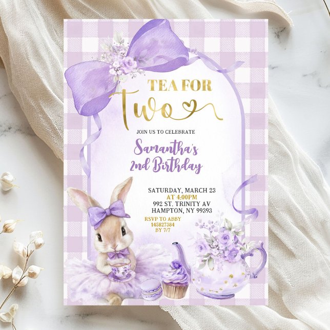 Invitación Purple Gingham Bow Bunny Tea Party Second Birthday (Subido por el creador)
