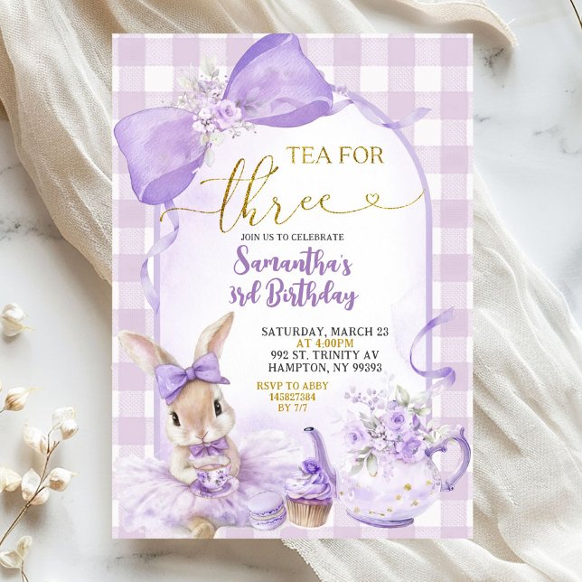 Invitación Purple Gingham Bow Bunny Tea Party Third Birthday (Subido por el creador)