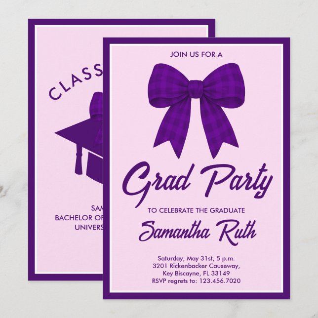 Invitación Purple Gingham Bow Graduation Party (Anverso / Reverso)