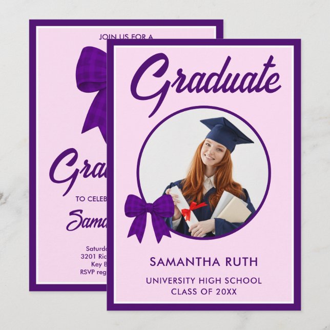 Invitación Purple Gingham Bow Photo Graduation Party (Anverso / Reverso)