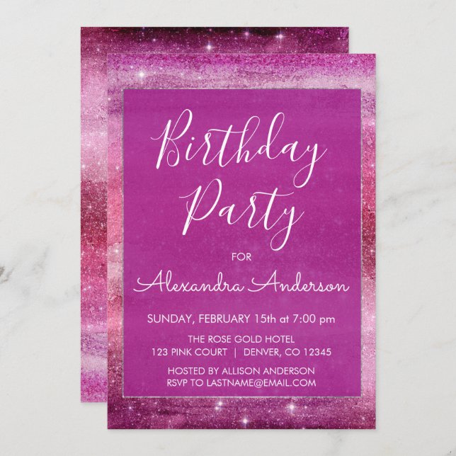 Invitación Purple Girly Purpurina Sparkle Cualquier Cumpleaño (Anverso / Reverso)