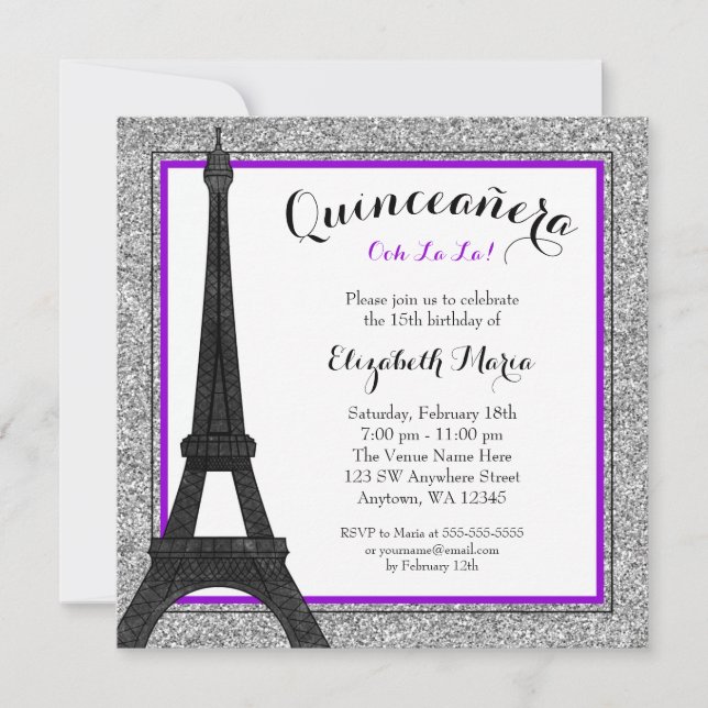 Invitación Purple Glam Paris Faux Silver Purpurina Quinceaner (Anverso)