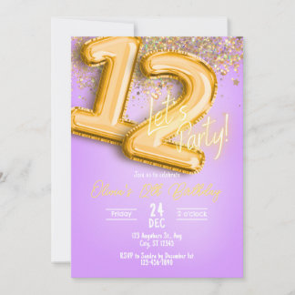 Invitación Purple Glitter 12th Birthday Invitation