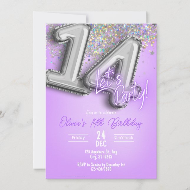 Invitación Purple Glitter 14th Birthday Invitation (Anverso)