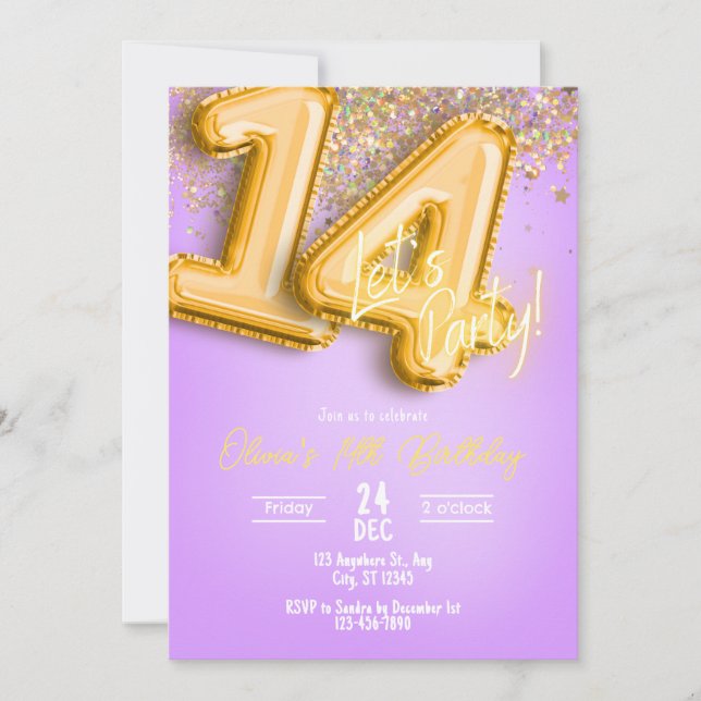 Invitación Purple Glitter 14th Birthday Invitation (Anverso)