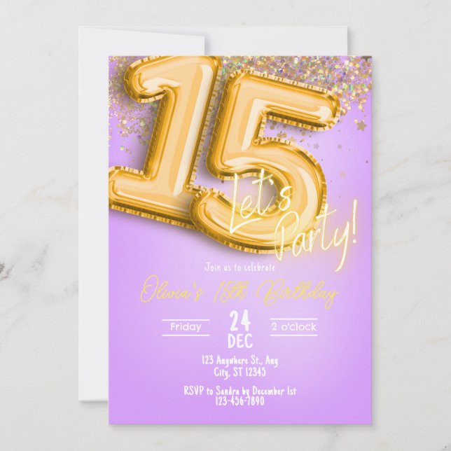 Invitación Purple Glitter 15th Birthday Invitation (Anverso)
