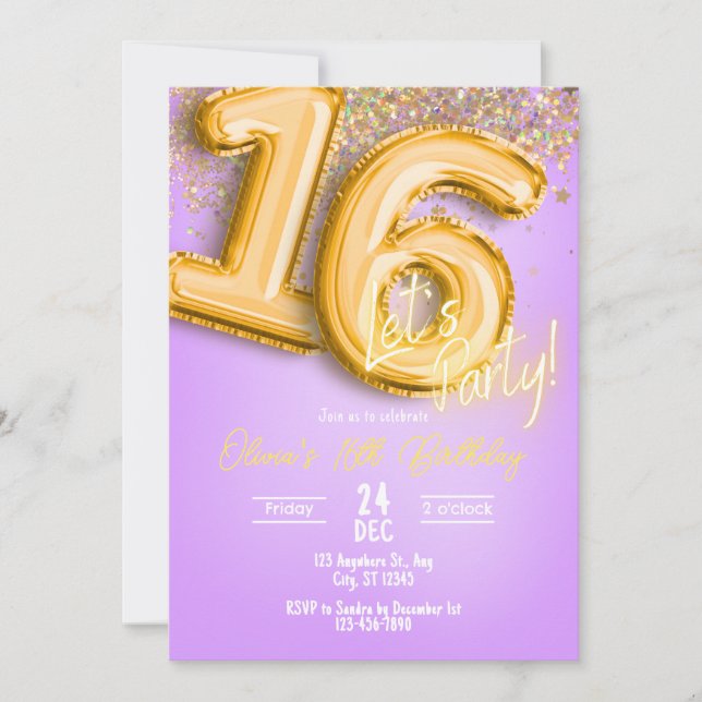Invitación Purple Glitter 16th Birthday Invitation (Anverso)