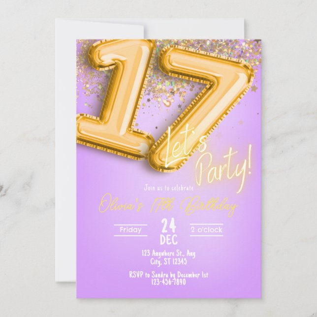 Invitación Purple Glitter 17th Birthday Invitation (Anverso)
