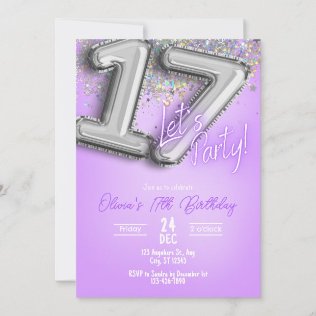 Invitación Purple Glitter 17th Birthday Invitation (Anverso)