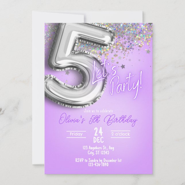 Invitación Purple Glitter 5th Birthday Invitation (Anverso)