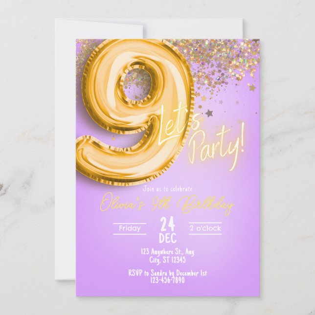 Invitación Purple Glitter 9th Birthday Invitation (Anverso)