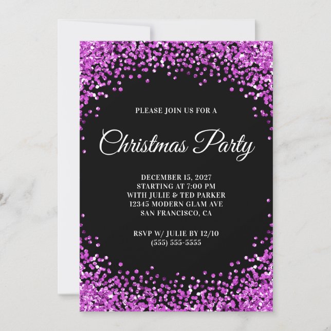 Invitación Purple Glitter Border Black Christmas Party (Anverso)