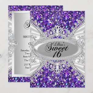 Invitación Purple Glitter Diamond Tiara Sweet 16