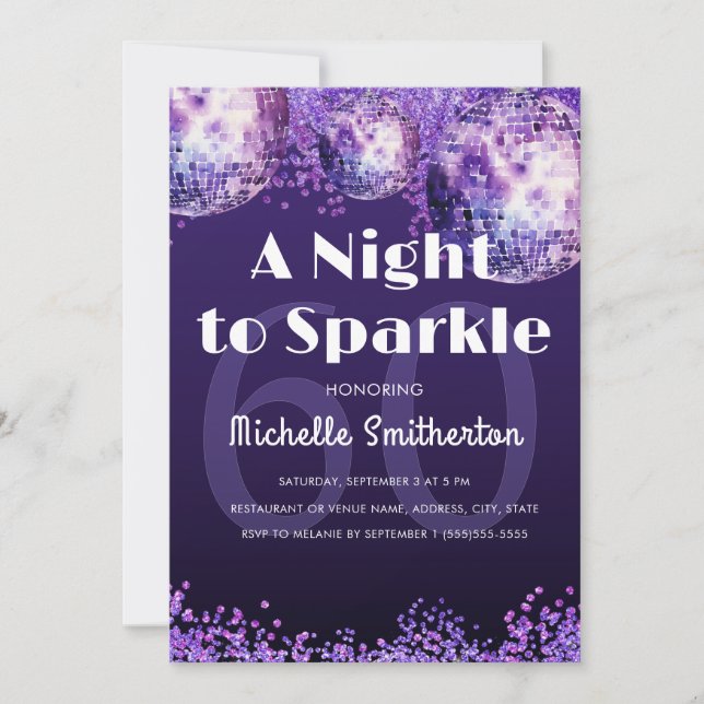 Invitación Purple Glitter Disco Night to Sparkle Glam 60th  (Anverso)