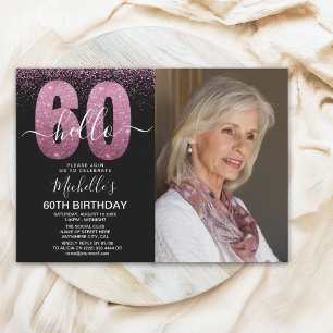 Invitación Purple Glitter "Hello 60" Photo Birthday 