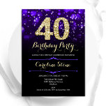 Invitación Purple Gold 40 cumpleaños<br><div class="desc">40.ª invitación a la fiesta de cumpleaños. Elegante diseño morado con falso oro purpurina. Cuenta con diamantes elegantes, luces de bokeh y fuente de guiones. Invitación de cumpleaños de hombres o mujeres. Perfecto para una elegante fiesta de cumpleaños. Personaliza con tus propios detalles. Mándame un mensaje si necesitas más personalización....</div>