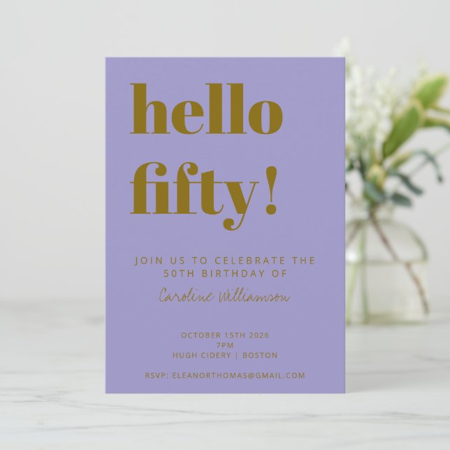 Invitación Purple Gold 50th Birthday Party Modern Typography (Anverso de pie)