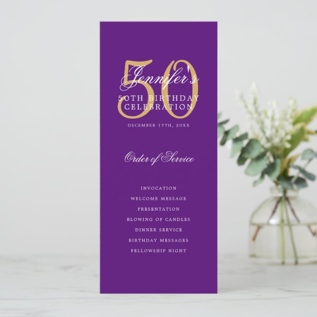 Invitación Purple Gold 50th Birthday Party Program con Menú (Anverso de pie)