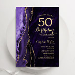 Invitación Purple Gold Agate 50 cumpleaños<br><div class="desc">Invitación a la fiesta de cumpleaños 50 años de morado y oro. Elegante diseño moderno con fondo geodésico de mármol agate acuarela, oro falso purpurina y tipografía de escritura. La carta de invitación de moda es perfecta para una elegante celebración del cumpleaños de las mujeres. Invitaciones Zazzle impresas o una...</div>