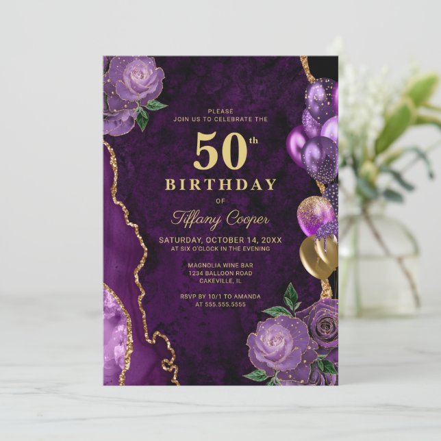 Invitación Purple Gold Agate 50 cumpleaños (Anverso de pie)