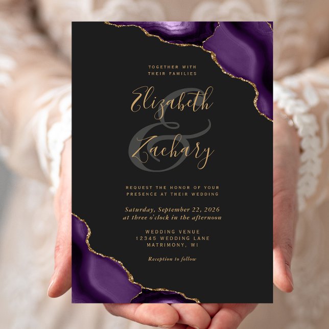 Invitación Purple Gold Agate Corners Dark Boda (Subido por el creador)