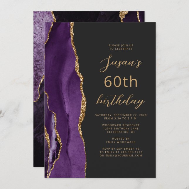 Invitación Purple Gold Agate Slate Script 60 cumpleaños (Anverso / Reverso)