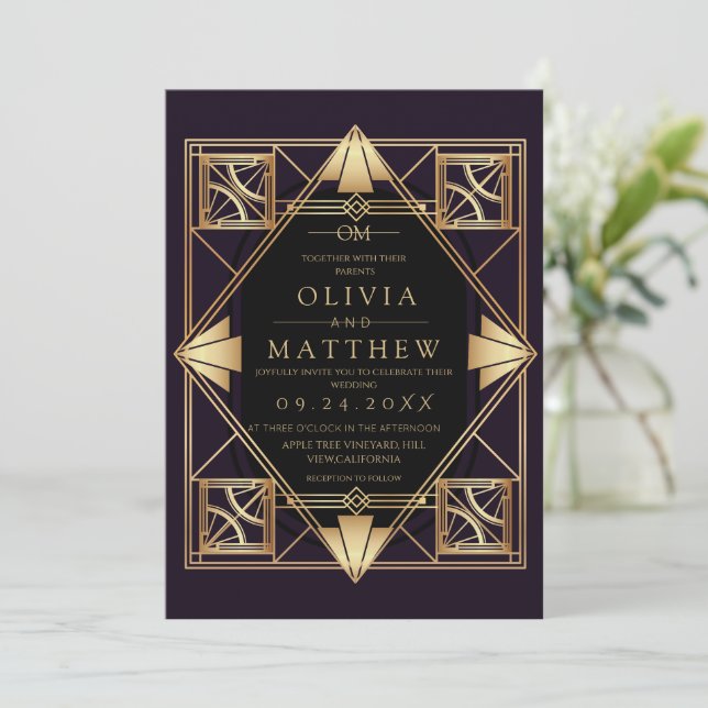 Invitación Purple & Gold Art Deco Wedding Invitation  (Anverso de pie)