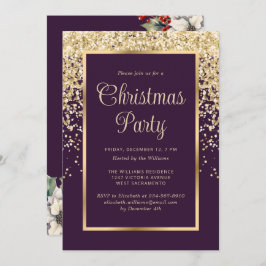 Invitación Purple Gold Confetti Botanical Christmas Party