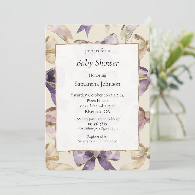 Invitación Purple Gold Cream Bows Baby Shower (Anverso de pie)