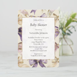 Invitación Purple Gold Cream Bows Baby Shower