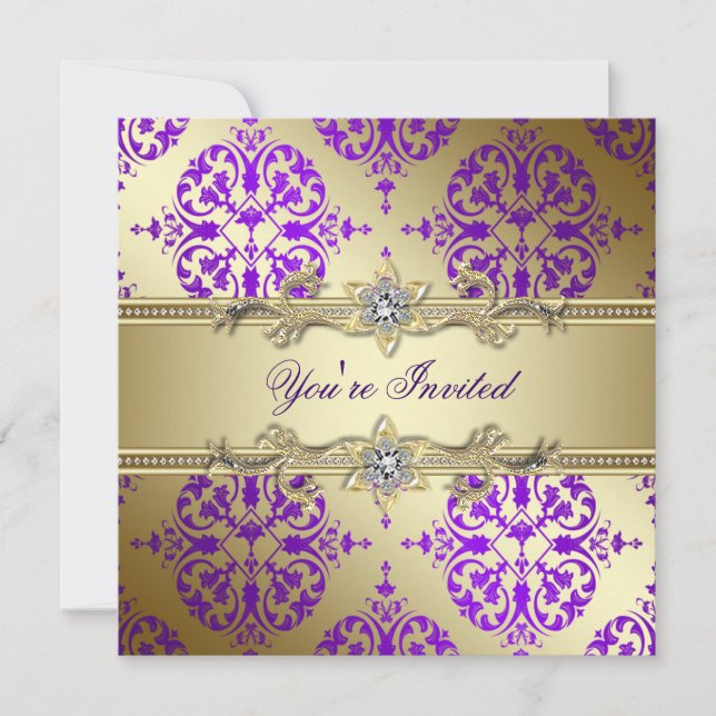 Invitación Purple Gold Damask Purple Fiesta (Anverso)
