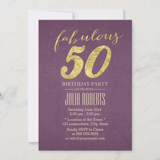 Invitación Purple & Gold Fabulous 50 Birthday (Anverso)