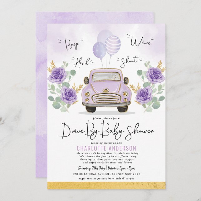 Invitación Purple Gold Floral Drive De Baby Shower Parade (Anverso / Reverso)