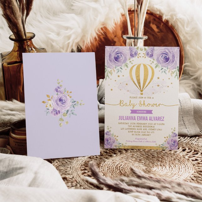 Invitación Purple Gold Floral Hot Air Balloon Baby Shower (Subido por el creador)