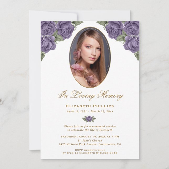 Invitación Purple Gold Floral Photo Memorial Service (Anverso)