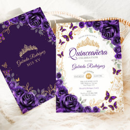 Invitación Purple Gold Floral Quinceanera