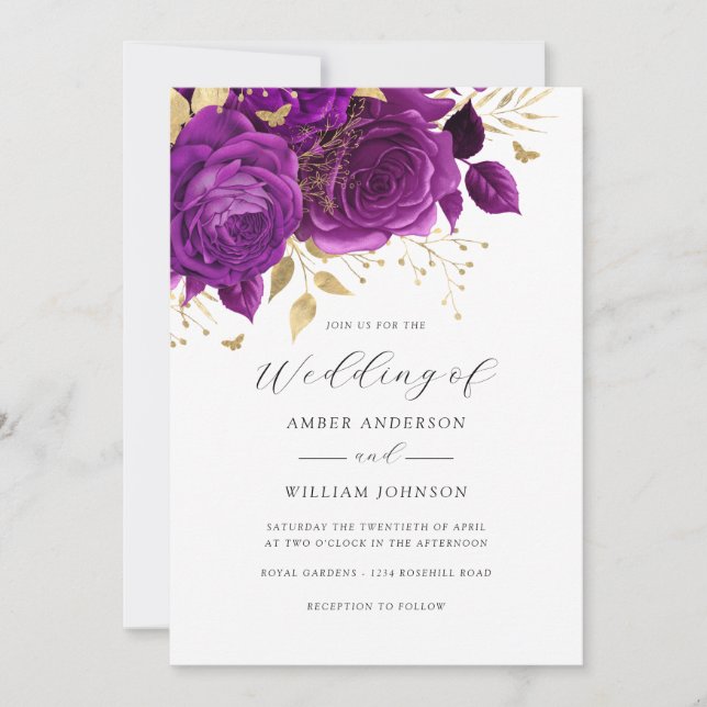 Invitación Purple Gold Floral Rose Wedding   (Anverso)