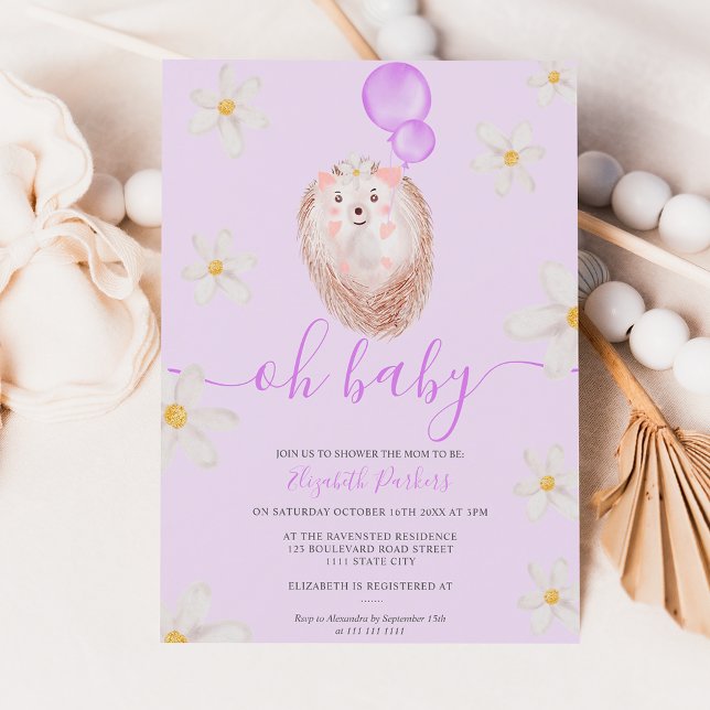 Invitación Purple gold flower hedgehog watercolor baby shower (Subido por el creador)