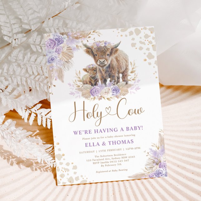 Invitación Purple Gold Holy Cow Boho Pampas Chica Baby Shower (Subido por el creador)