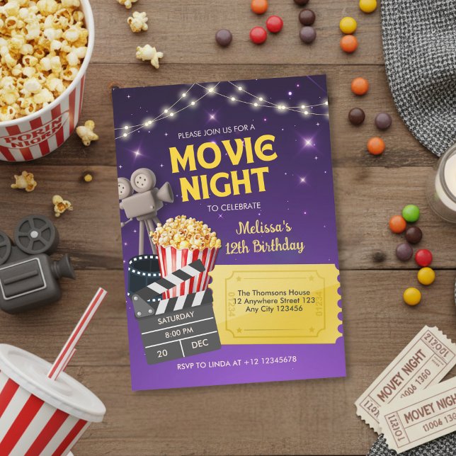 Invitación Purple Gold Kids Backyard Movie Night Birthday (Subido por el creador)