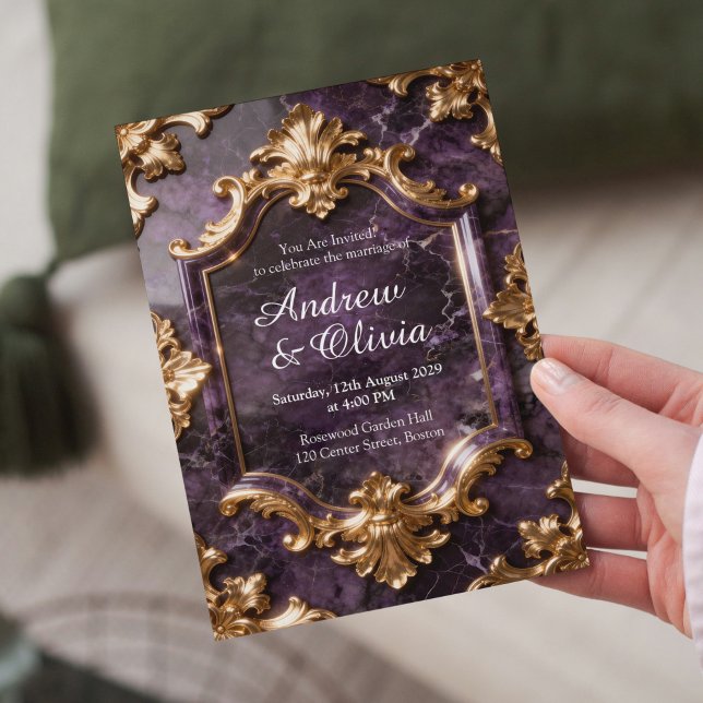Invitación Purple Gold Marble Wedding Invitation (Subido por el creador)