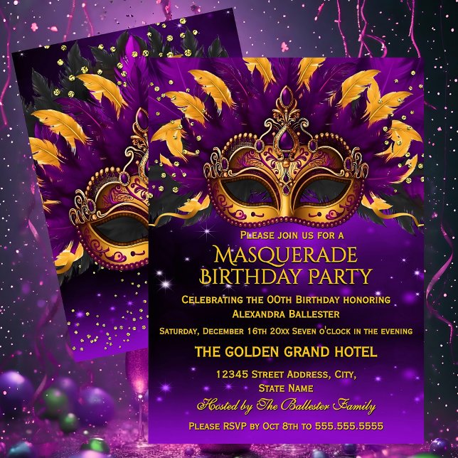 Invitación Purple Gold Masks Masquerade Birthday Party (Subido por el creador)