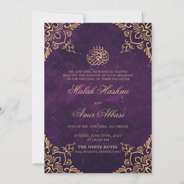 Invitación Purple Gold Oriental Design Boda musulmán islámico (Anverso)